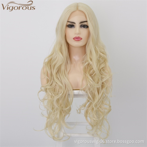 Vigorous High Quality Lace Front Wigs Long Wavy Synthetic Wigs Middle Part 613 Blonde Wigs Heat Resistant Fiber Wholesale Price